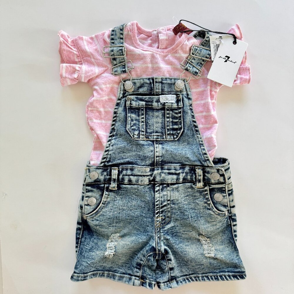 NWT 7 For All Mankind Denim Short Overalls and Pink Tee 12M